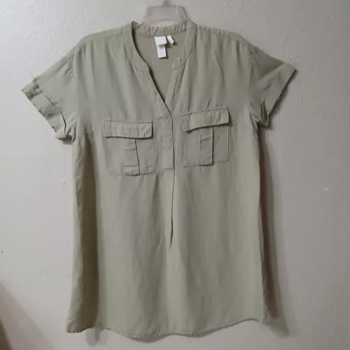 H&M Linen Blend T-Shirt Dress Size 8 Beige Short Sleeve Pull-over V-Neck  5436