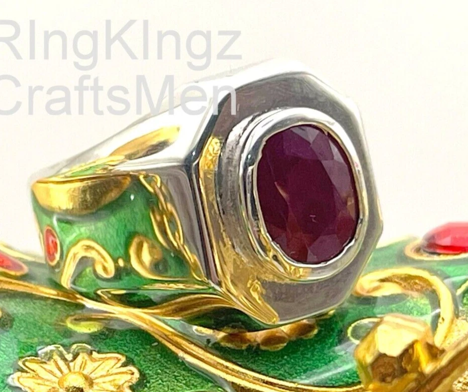 Sterling Silver Ruby Ring for Men Oval Red Gemstone Signet Ring Handmade Jewelry - Image 3 of 4