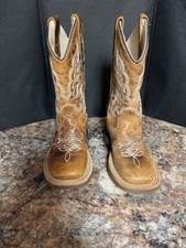 Old West Children Unisex Broad Square Toe Burnt Tan Leather Cowboy Boots Sz 8.5D