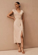 NWT BHLDN Louisa Satin Charmeuse Champagne Wrap Front Surplice Midi Dress 0