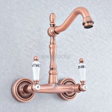 Antique Red Copper Bathroom Basin Sink Faucet Dual Handles Mixer Tap Wall Mount