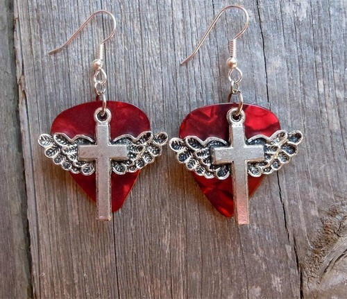 Winged Cross Charm Guitar Pick Earrings - Pick Your Color - Picture 6 of 21