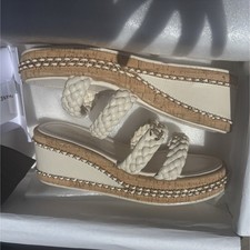 CHANEL White Braided Leather Wedge Slide Sand...