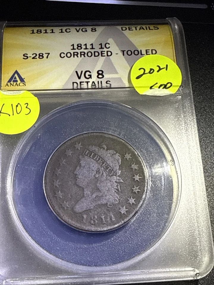 1811 Large Cent S-287 ANACS VG8 Dtls K103 - Image 2 of 4