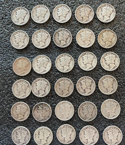 [Lot of 5 coins] 1939 Mercury Dimes VG-VF  Philadelphia Mint, 90% Silver, 6 Lots