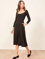 Reformation Lou Black Scoop Neck Midi Dress Size Medium Fit & Flare Pockets