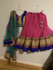SEQUINZE Lengha Choli Set Pink Blue Gold Green Net Satin Brocade Women