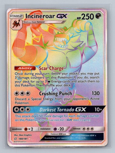Incineroar GX 188/181 Rainbow Rare Team Up Pokemon Holo Lightly Played