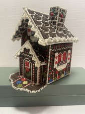 VTG Handmade Canvas Needlepoint Gingerbread House Christmas Brown
