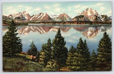 Postcard MT Grand Teton Park Peaks Jackson Lake Linen Vintage PC N2704