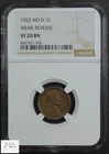 1922 No D Weak Reverse Lincoln Wheat Copper Cent 1C NGC VF 20 BN