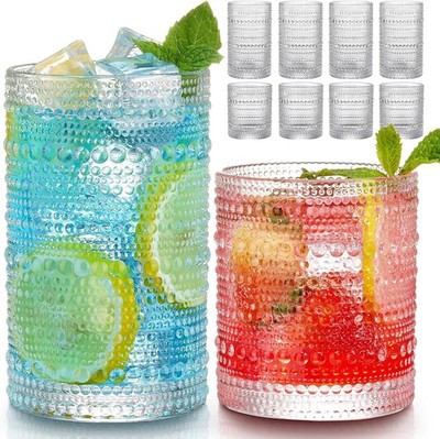 Vintage Hobnail Drinking Glasses Set of 8, 12 oz Highball Glasses & 10 oz Coc...