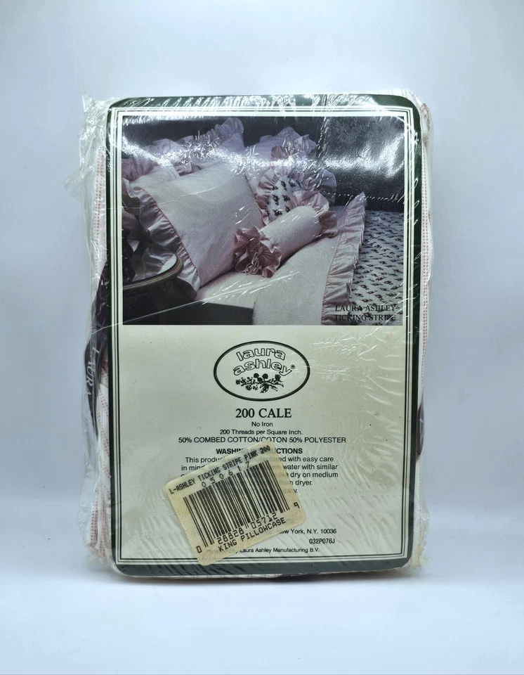 Vintage Laura Ashley King Size Pillowcase Set Ticking Stripe - Pink - Image 2 of 2