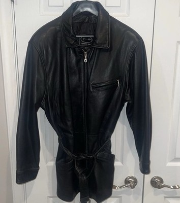 Women's Vintage Tannery West Black Leather mid Length Zip Up Jacket With Belt XL