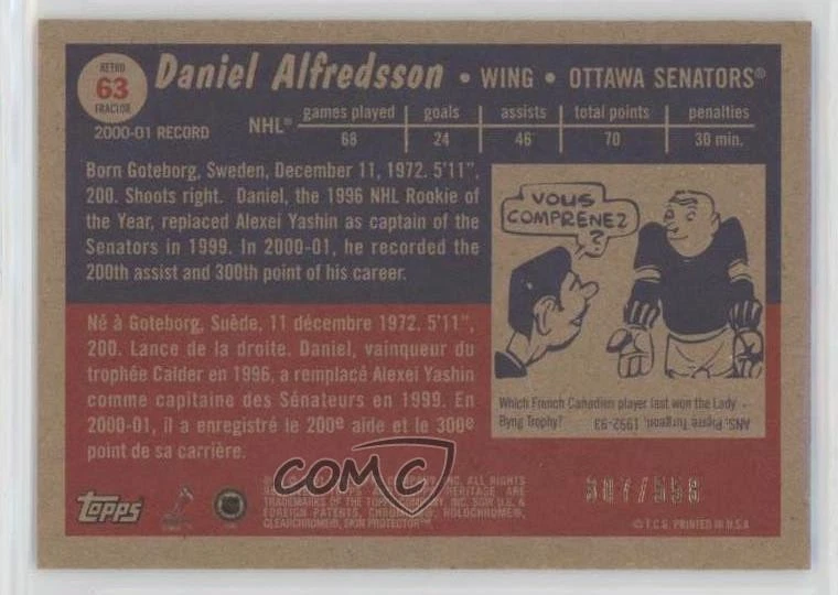 2001-02 Topps Heritage Retrofractor /558 Daniel Alfredsson #63 HOF - Image 2 of 2