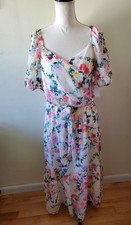 Julia Jordan Women's M Floral Surprise Waist Tie Maxi Dress Pockets Ivory/Multi