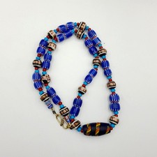 Antique white heart venetian style blue chevron glass beads necklace n9-5Gift