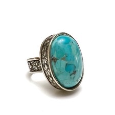 Vintage Large Oval Eliat Stone Sterling Silver Floral Band Ring Size 8.5 Israel