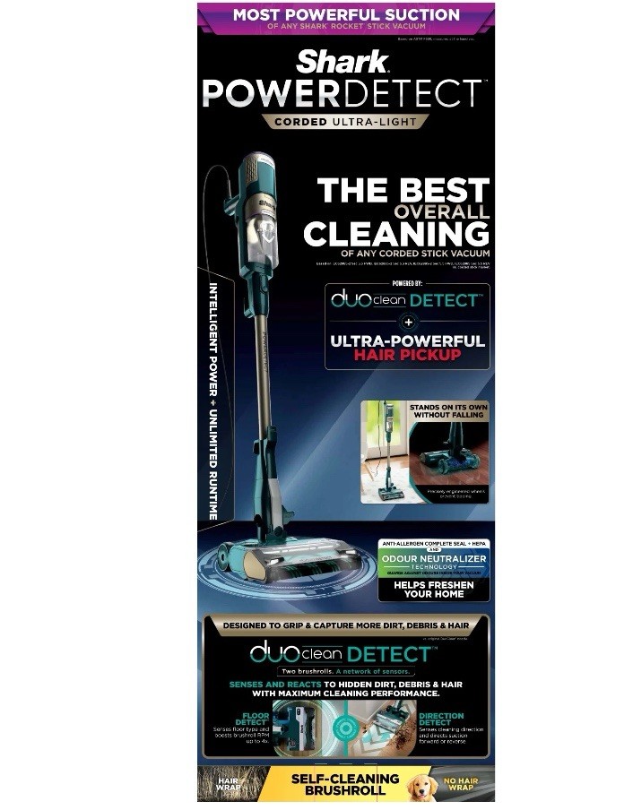 Shark Vacuum Power Detect Corded Stick HZ4000 Duo Clean & Odor Neutralizer Teal