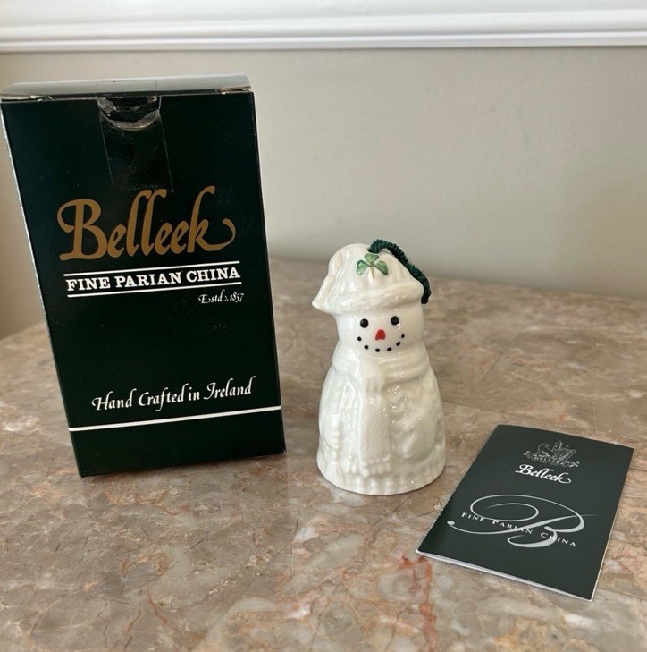 Belleek Aran Irish Sweater Shamrock Snowman Bell Ornament Fine Parian China