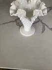 Vintage Fenton Milk Glass Hobnail Ruffled Floral Vase Trumpet Crimped STICKER