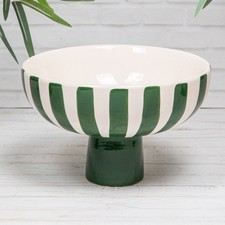 Green & White Stripe Fruit Bowl Ceramic Display Pedestal Decorative Dish
