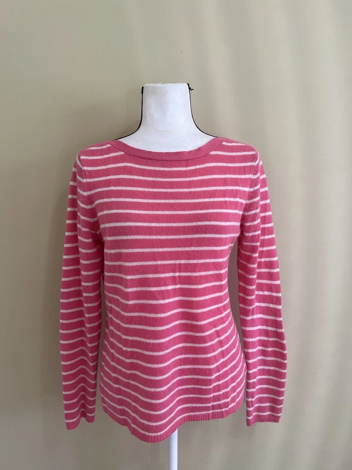 Peck & Peck Boat Neck Sweater 100% 2-Ply Cashmere Sz M Pink White Stripes - Image 2 of 4