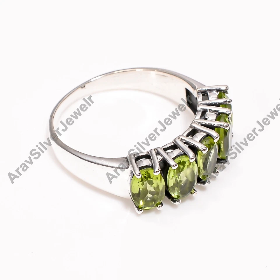 Five Green Peridot Cut Stone Ring 925 Sterling Silver Handmade Statement Ring - Image 4 of 4