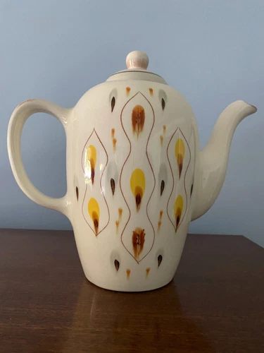 Stangl Amber Glo 9.5" coffee pot & lid mid-century gray yellow orange brown COOL