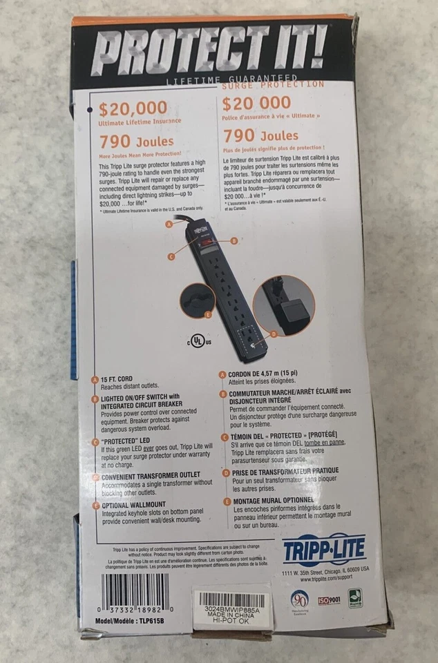 Tripp Lite TLP615B 790 Joules 6-Outlet 15' Cord Black Surge Protector - Image 2 of 4