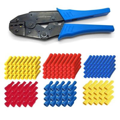 Crimpzange 0,5 - 6 mm² 300x Stossverbinder + 300 x Flachsteckhülsen isoliert Set