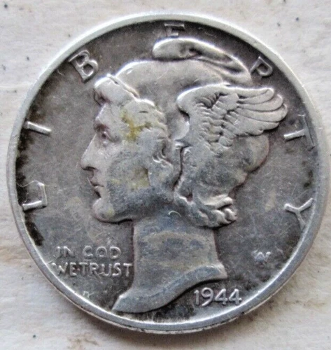 1944-P MERCURY DIME, 90% SILVER, VF CONDITION, STRONG STICKS & BANDS, CIRCULATED