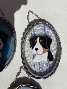 Stained Glass Art Suncatcher Swiss Mountain Dog Streak Blue L