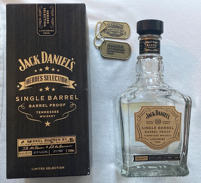 Jack Daniels HEROES Barrel Proof JB LB McGowan empty bottle, w/DOG TAGS & BOX