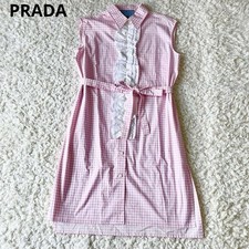 USED EXCELLENT CONDITION PRADA SHIRT DRESS, GINGHAM CHECK, RUFFLES, BELT, SLEE