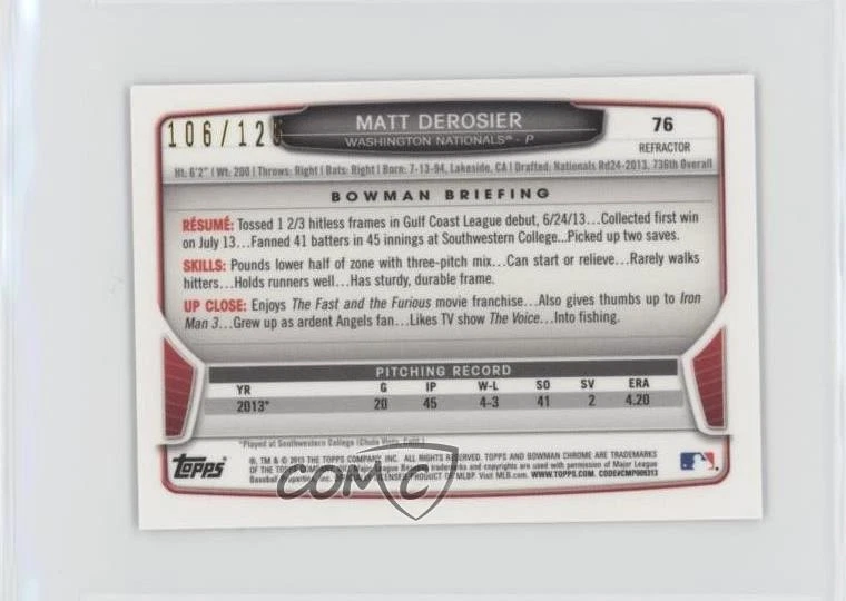 2013 Bowman Chrome Minis Refractor /125 Matt Derosier #76 - Image 2 of 2