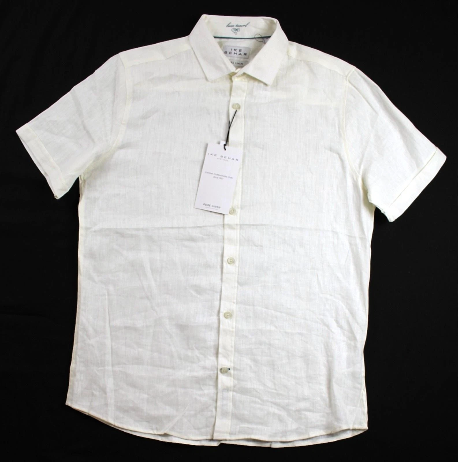 Ike Behar Shirt Mens M Ivory 100% Linen Short Sleeve Button Front $95 NEW