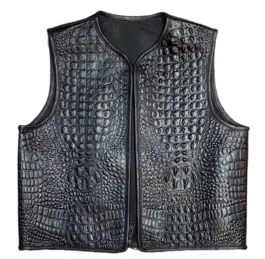 Men's Black Crocodile Embossed New Leather Concealed Biker Fashion Leather Vest
