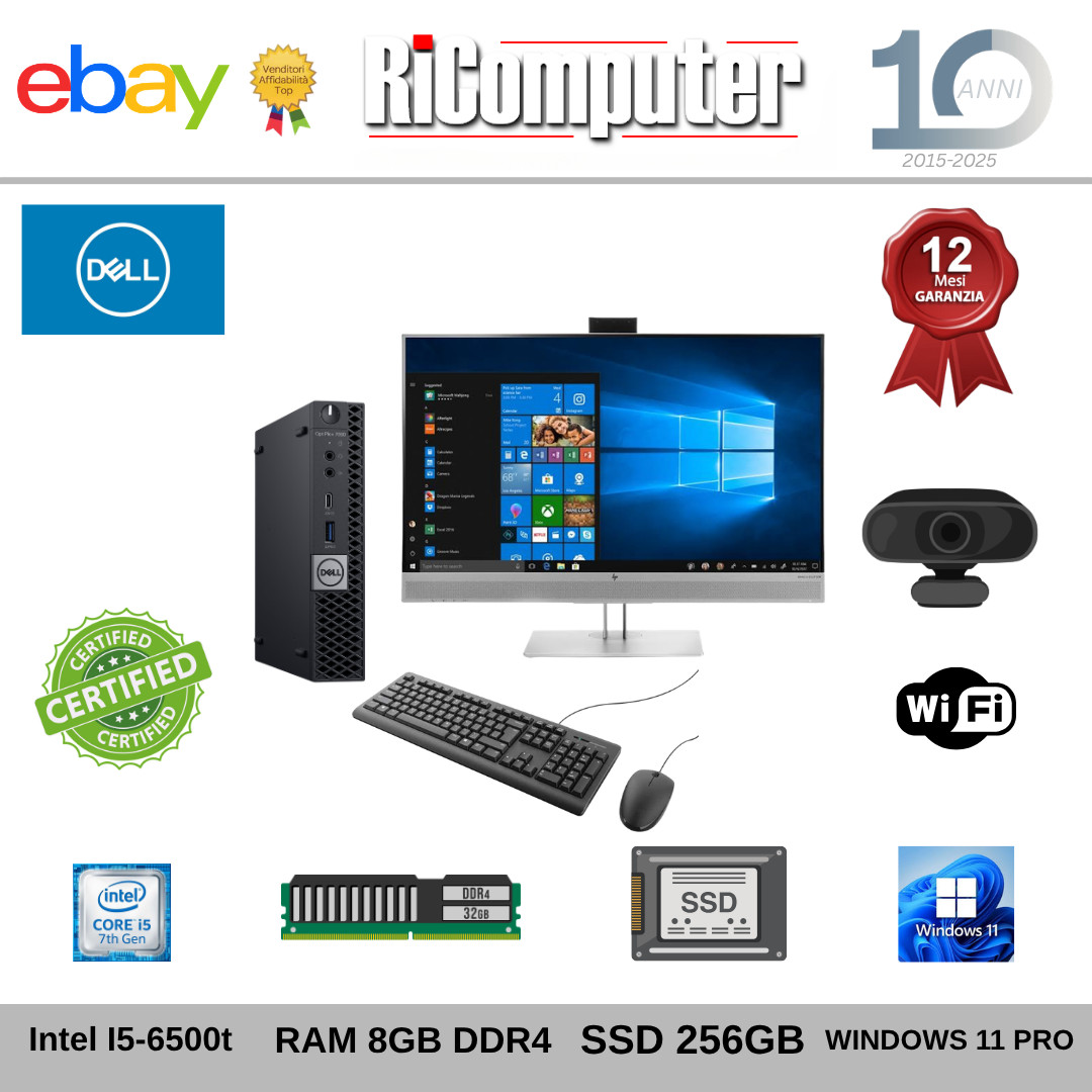 Postazione PC Dell 7050 i5 16GB SSD 256GB Monitor 24" HP Webcam Wi-Fi Completo