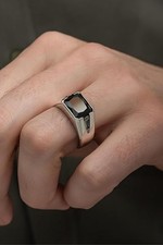 Men's Ring 925 Sterling Silver Rectangular Black Zircon Stone Handmade Turkish