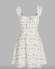 Disty Floral Square Neck Drawstring Ruched Short Dress Cider Size S