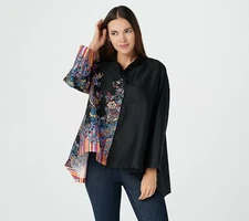 Attitudes by Renee Sateen Button Front Shirt w/ Printed Panel-Black-6-A370770