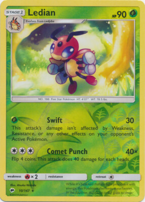 x1 Ledian - 10/147 - Rare - Reverse Holo Pokemon SM3 Burning Shadows M/NM