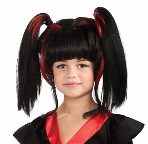 Girls Geisha Wig Halloween Costume Black /& Red Hair Pig Tails Kids Child Samurai