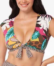 BLEU BY ROD BEATTIE Printed Tie Front Cap Sleeve Cropped Swim Bikini 6 8 yse1523