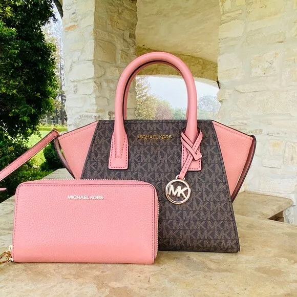 Michael Kors Avril Small Top Zip Satchel Brown + Sunset Rose Pink