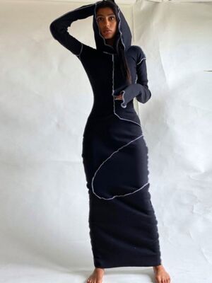 Long Sleeve Hooded Patchwork Skinny Maxi Dress Autumn Winter