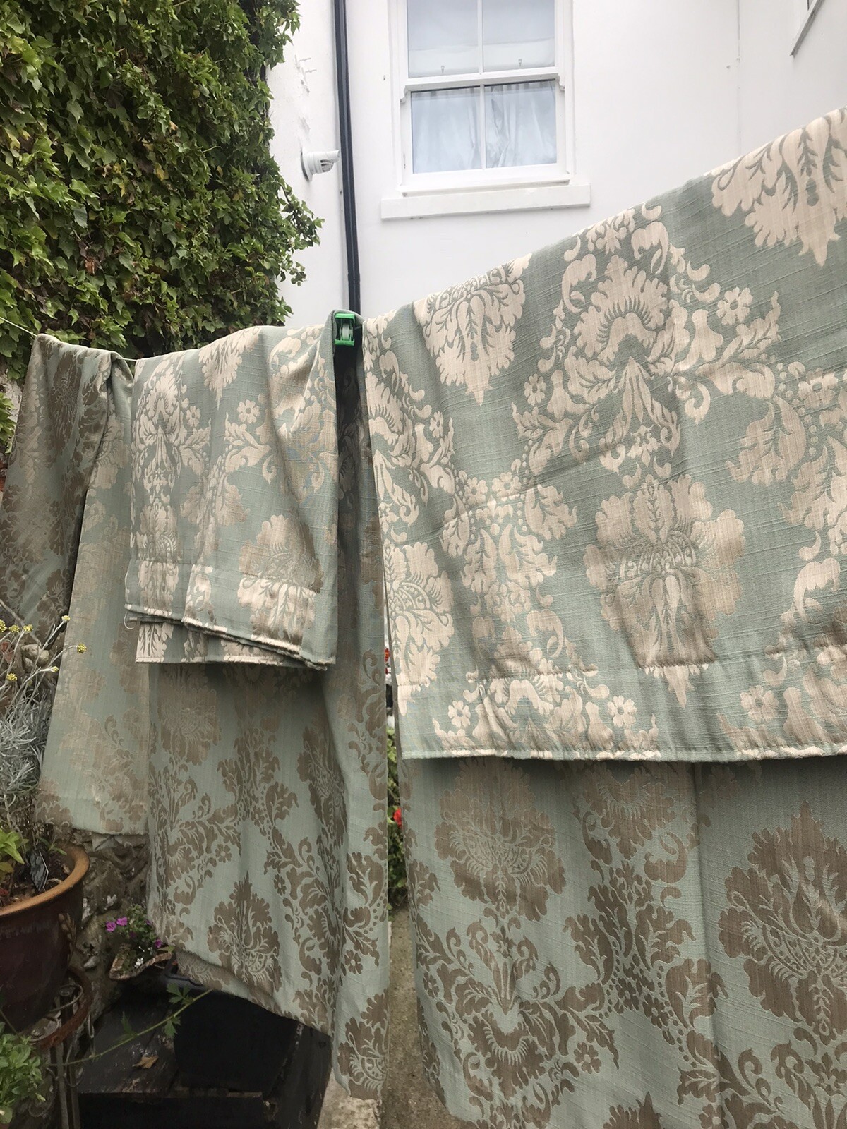 Dunelm Duck Egg Blue/Gold damask Double Duvet Set, Curtains Cushions