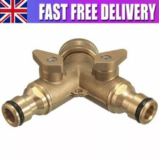 2 Way Brass Hose Tap Double Pipe Connector Twin Hosepipe Adaptor Splitter Garden