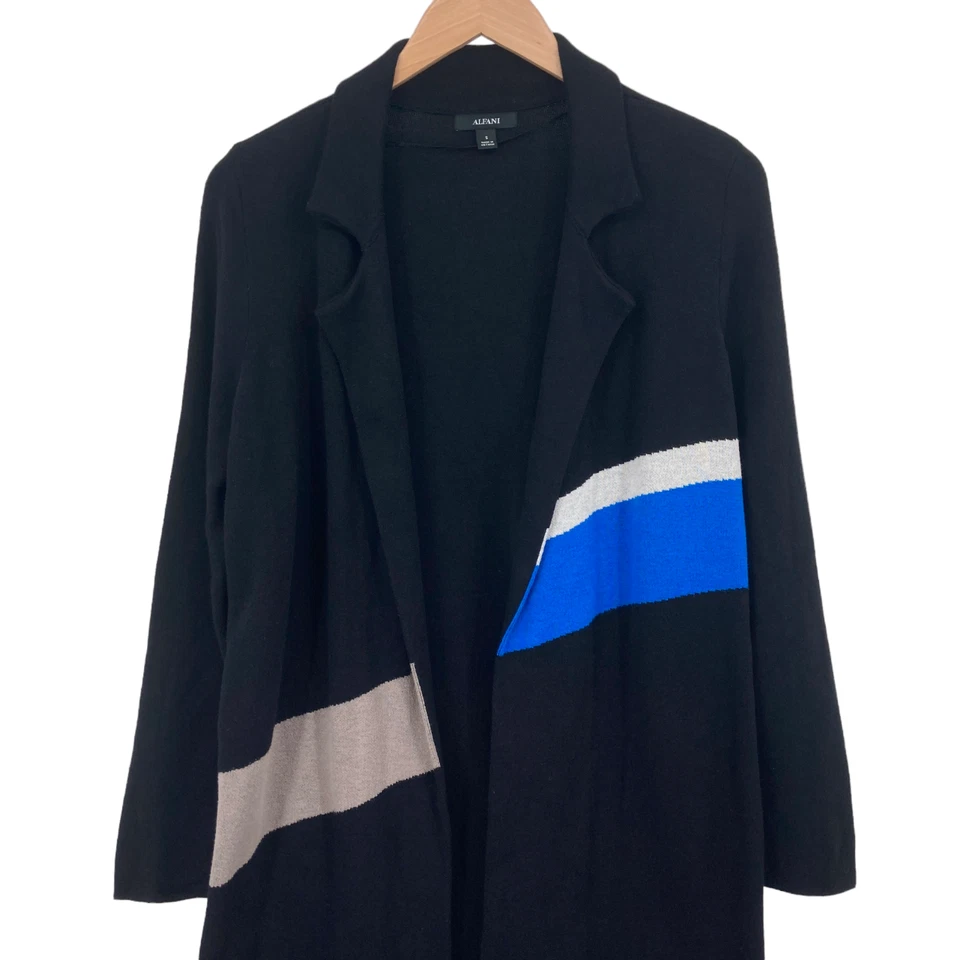 Cárdigan suéter Alfani Trench para mujer pequeño negro algodón manga larga frente abierto Foto 4 de 4